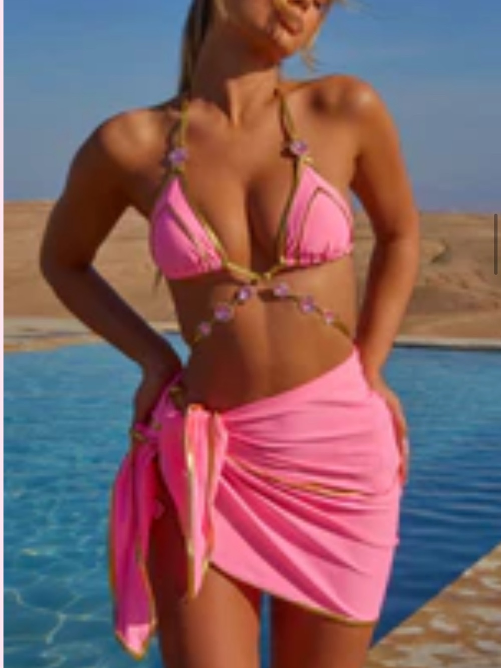Pink Swim Sarong with Gold Trim